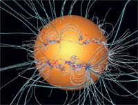 太陽観測衛星SOHOによって観測されたデータをもとに再現された太陽コロナの磁力線構造